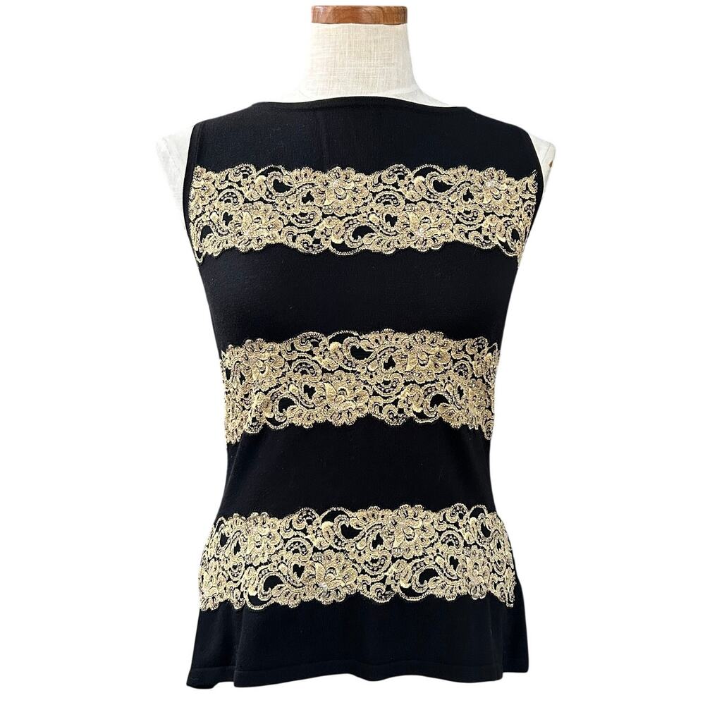 Karen Kane Silk Blend Gold Lace Band Shell Top M Black Y2K Party Dressy Stretch
